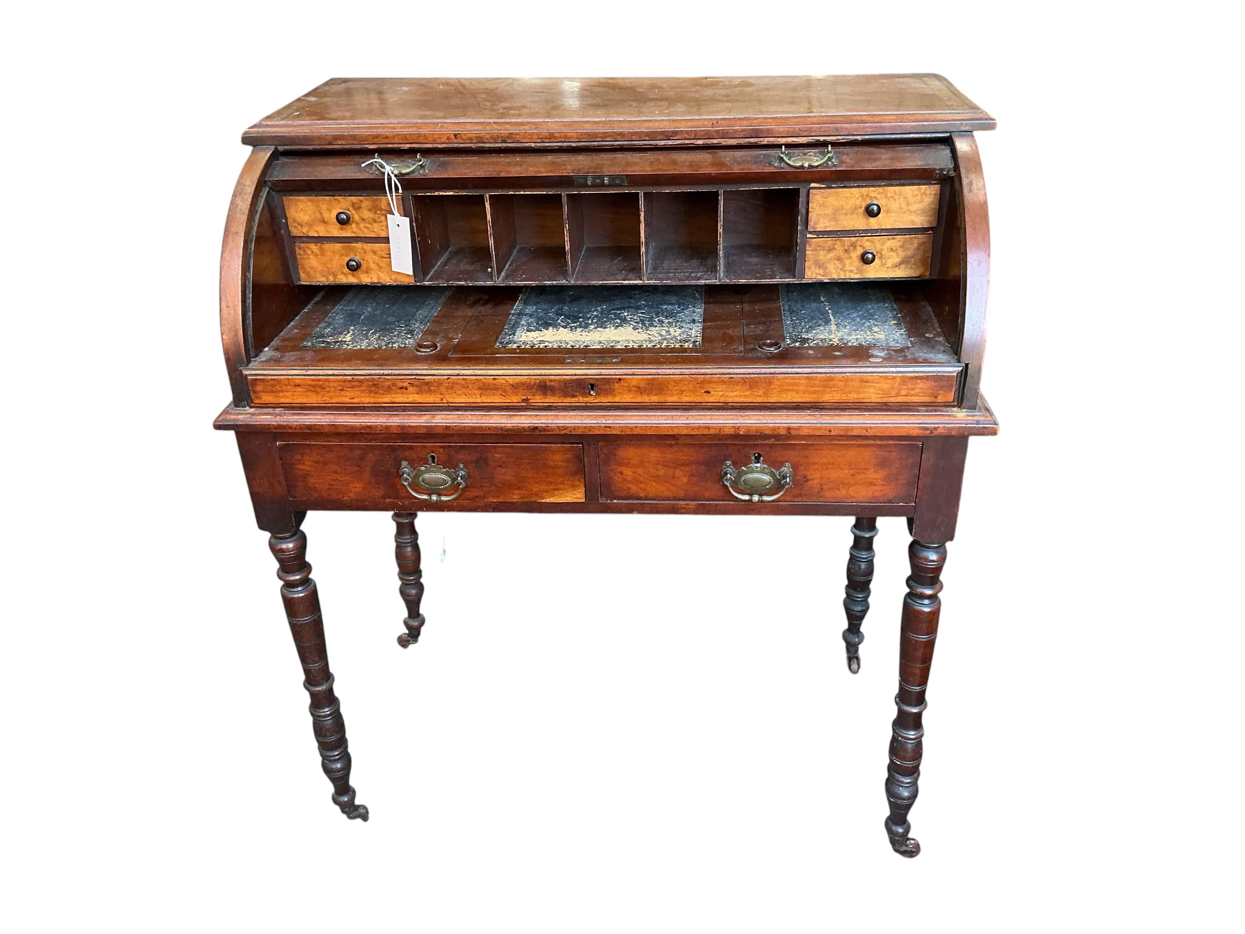 A late Victorian mahogany cylinder bureau, lacking superstructure, width 91cm, depth 52cm, height 102cm